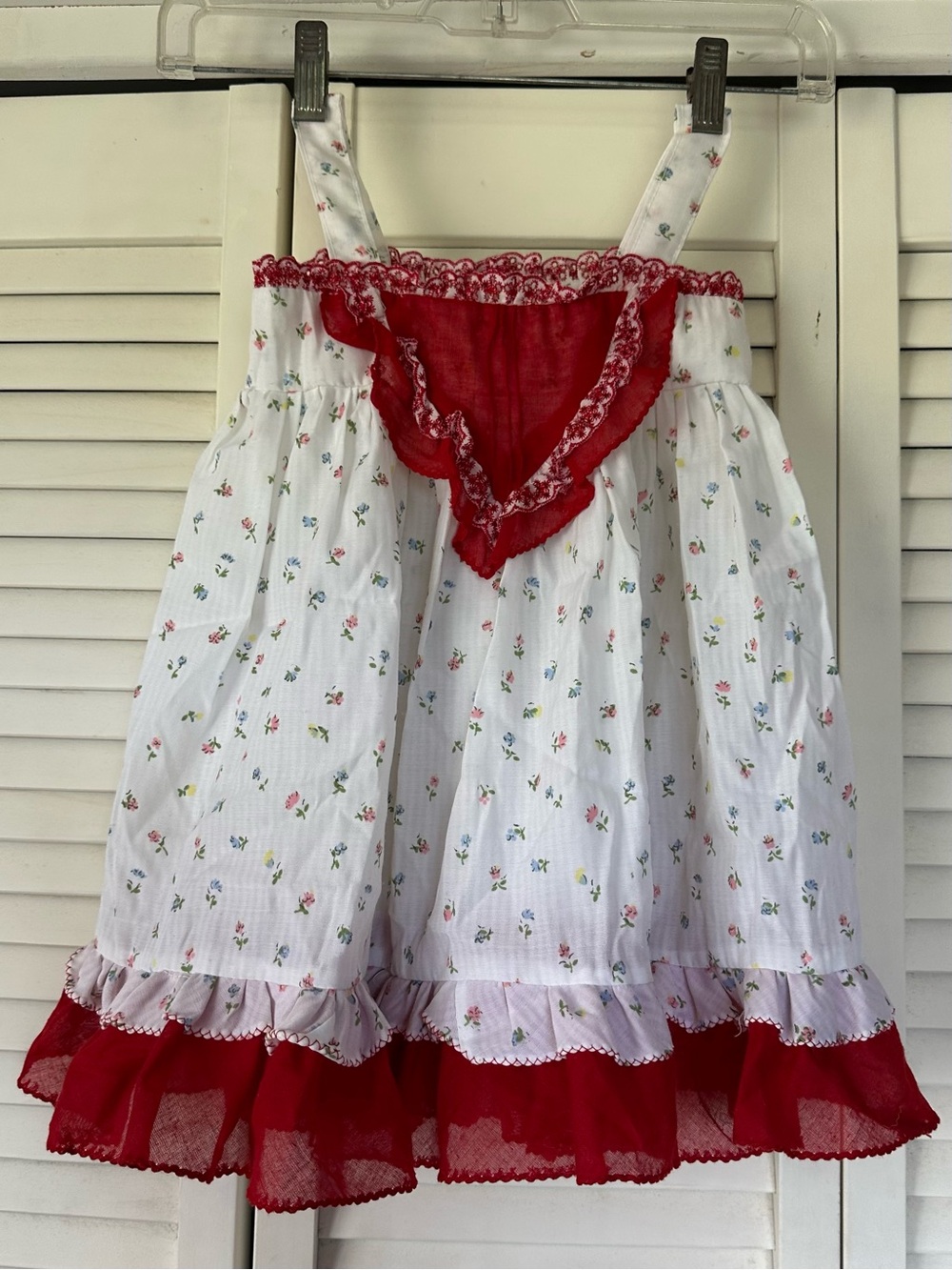 Vintage Toddler Handsewn White Floral Sundress with Red Ruffle Trim